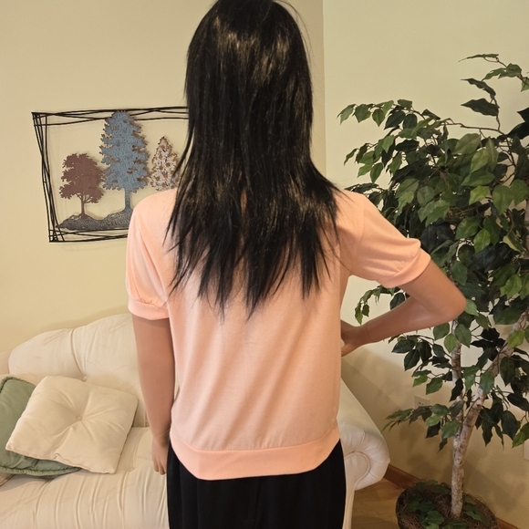 LT Casuals Peach V-Neck, Embroidered Short Sleeve Top, Size Small - Picture 4 of 8